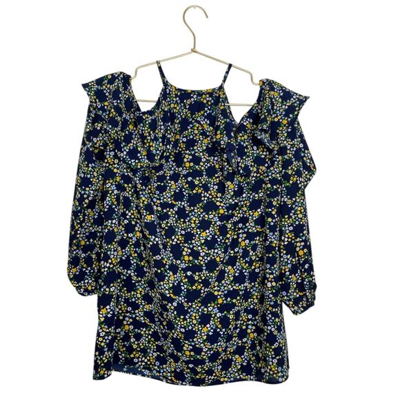 Michael Kors Navy Blue Floral‎ Cold-Shoulder Blouse Business  – Size S (WP406) - Picture 2 of 7